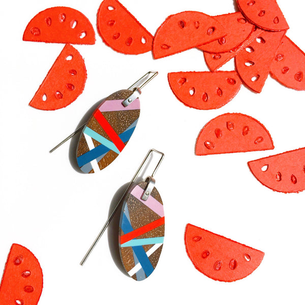 Wood Jewelry Earrings In An Oval Shape with Blue, Red, and Purple Resin Inlay