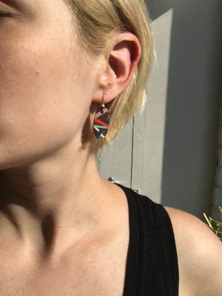 Wearing Wood Jewelry Oval Earrings with Inlay
