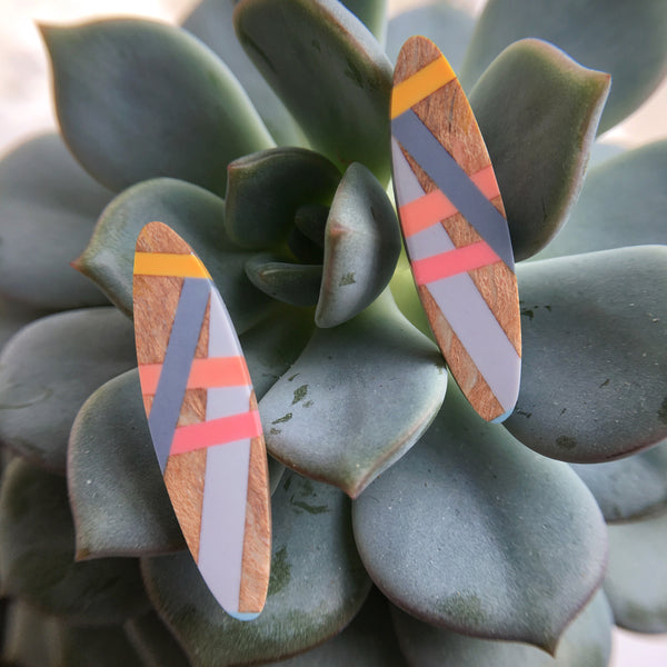 Wood Jewelry Earrings with Colorful Resin Inlay in Coral