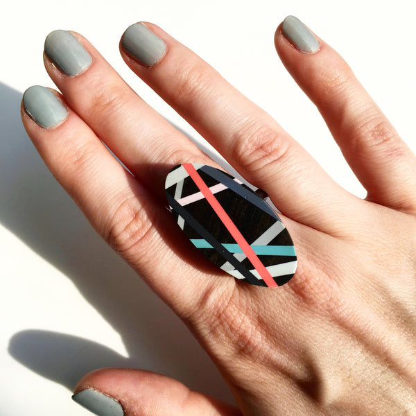 Wood Jewelry Ring in Ebony with Geometric Lines Resin Inlay Handmade by Laura Jakltisch Jewelry