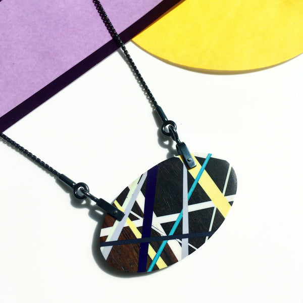 Laura Jaklitsch Jewelry Wood x Polyurethane Blackwood Hardware Necklace in Purple, Yellow, Grey, and Teal