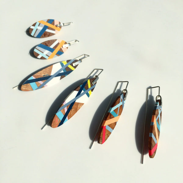 Wood Earrings with Colorful Inlay Surf Style
