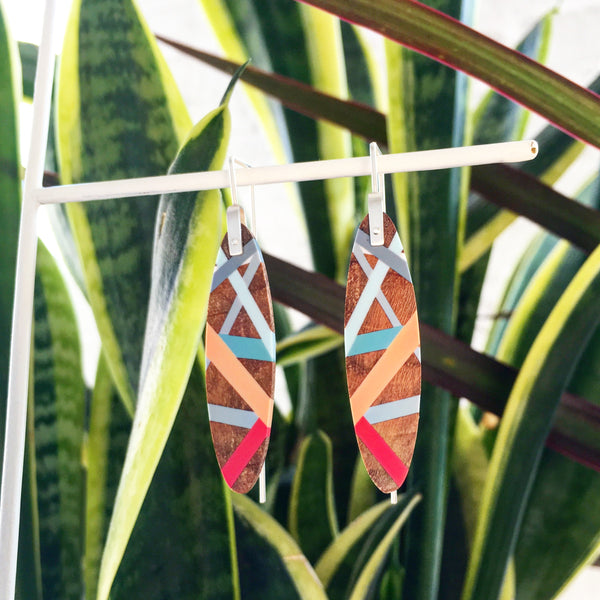 Laura Jakitsch Jewelry Wood and Polyurethane Island Earrings in coral, peach, and aqua 