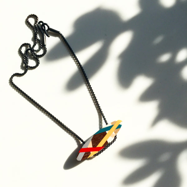 Laura Jaklitsch Jewelry Wood x Polyurethane Bar Necklace Red Gold Teal 