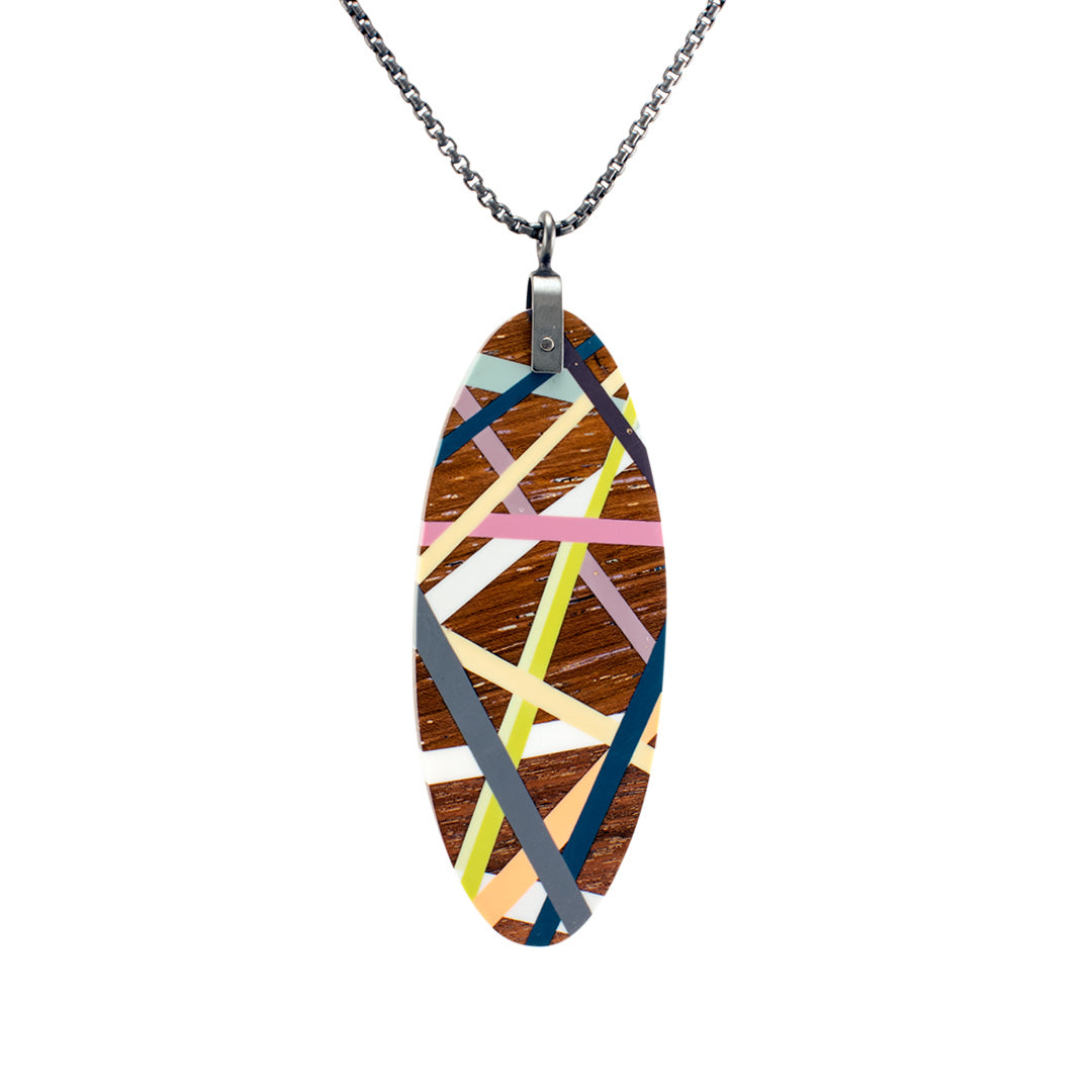 Oval Tab Necklace Wood Jewelry with Colorful Striped Inlay and Oxidized Sterling Silver Chain 
