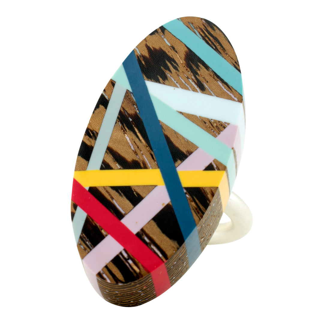 Laura Jaklitsch Jewelry Wood x Polyurethane Primary Wenge Red Blue Yellow Mauve Aqua Grey One of a Kind Ring