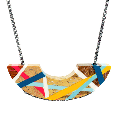 Blue Red and Yellow Crescent Wood Necklace