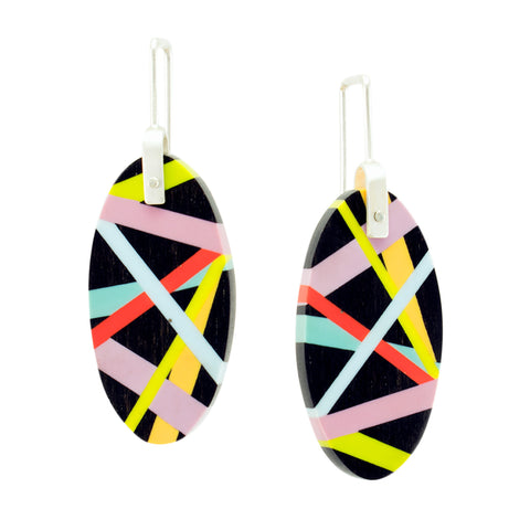 Black Wood Earrings with Neon Inlay and Sterling Silver 
