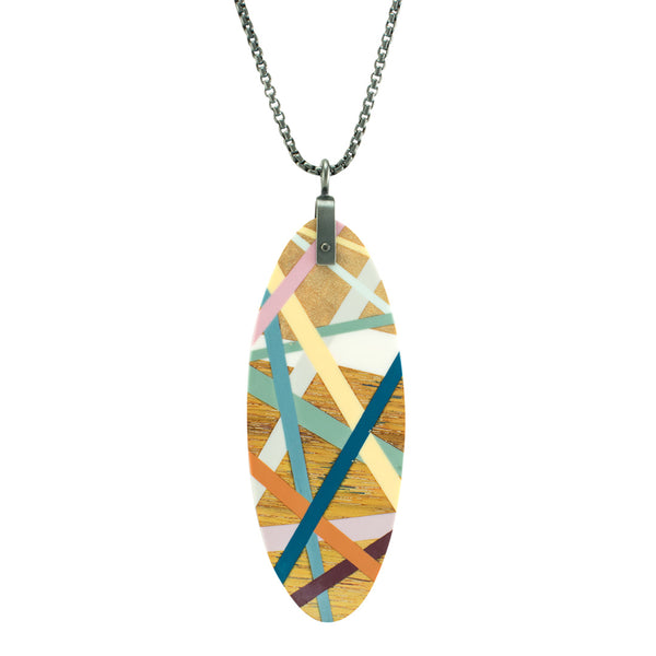 Large Oval Necklace Wood Inlay Jewelry with Oxidized Sterling Silver Chain by Laura Jaklitsch