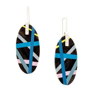 Classic Blue Jewelry Earrings with Black Ebony Wood and Polyurethane Resin Inlay and Sterling Silver Earwires by Laura Jaklitsch Jewelry