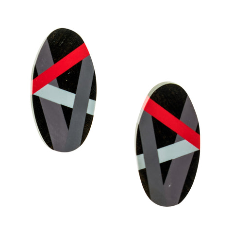 Black Wood Ebony Earrings with Red and Grey Resin Inlay