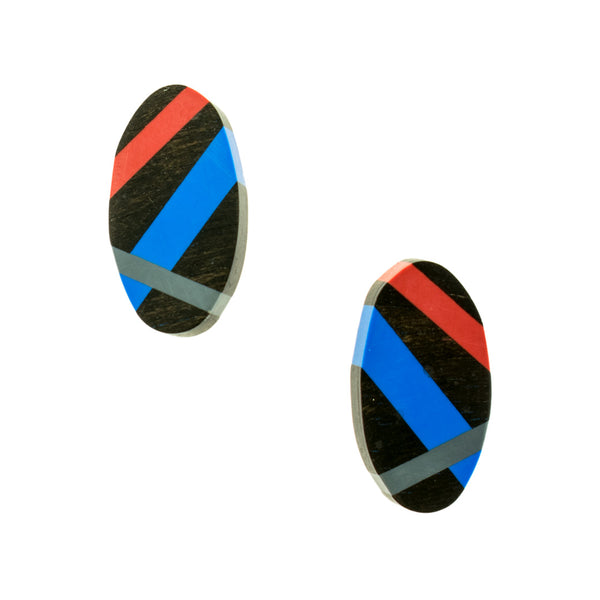 Classic Blue and Red Ebony Wood Stud Earrings