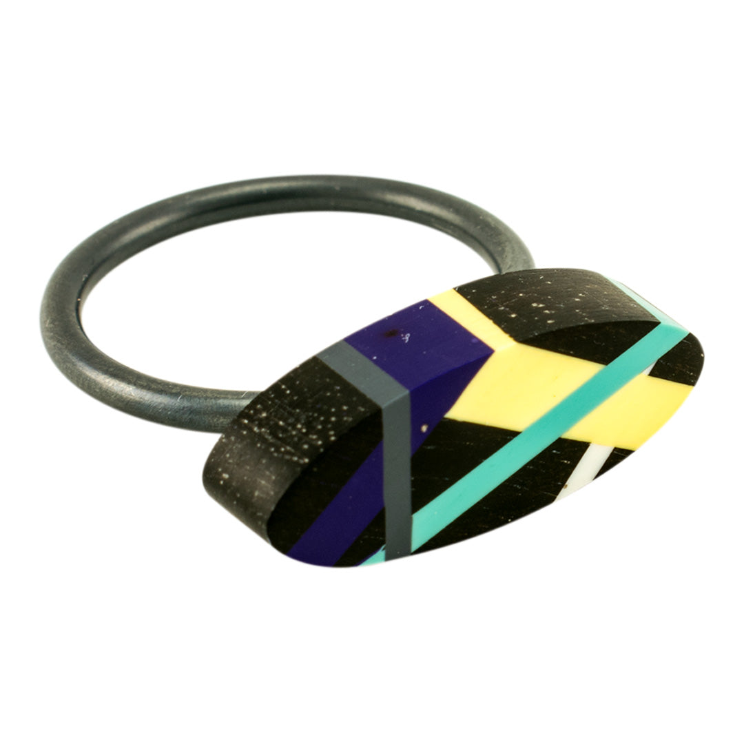 Stacking Black Wood Ring with Purple Yellow and Teal Resin 