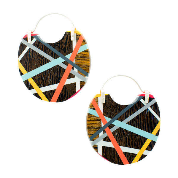 Big Earrings Wood Statement Hoops with Colorful Resin Inlay 