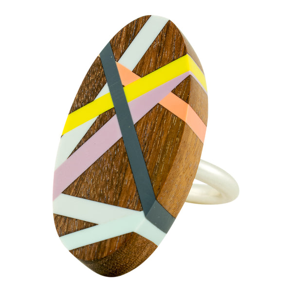 Wood Oval Cocktail Ring with Polyurethane Inlay in Citron and Purple With Ring Sterling Silver Band 