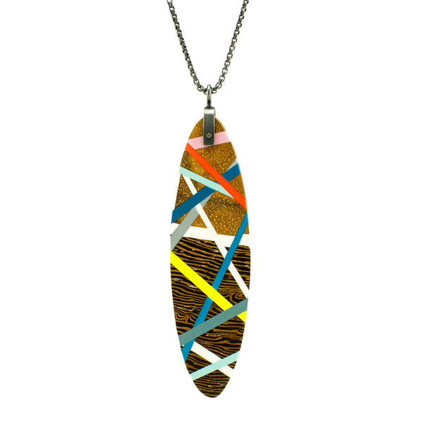 Elongated Oval Necklace Handmade with Wood, Polyurethane Resin, and Sterling Silver 
