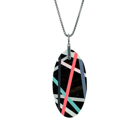 Black Oval Wood Necklace with Colorful Resin Inlay and Geometric Lines