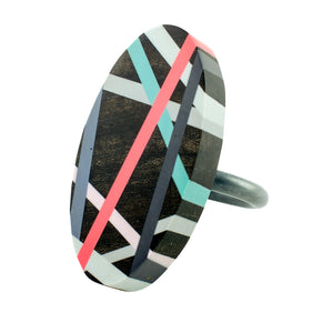 Black Oval Wood Jewelry Cocktail Ring with Polyurethane Resin Inlay by Laura Jaklitsch Jewelry
