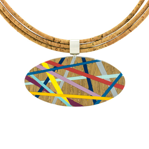 Wood Statement Necklace with Resin Inlay and Cork Cord Handmade by Laura Jaklitsch Jewelry