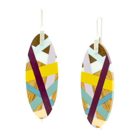 Desert Bloom Large Oval Earrings Handmade In Wood and Polyurethane Resin Inlay