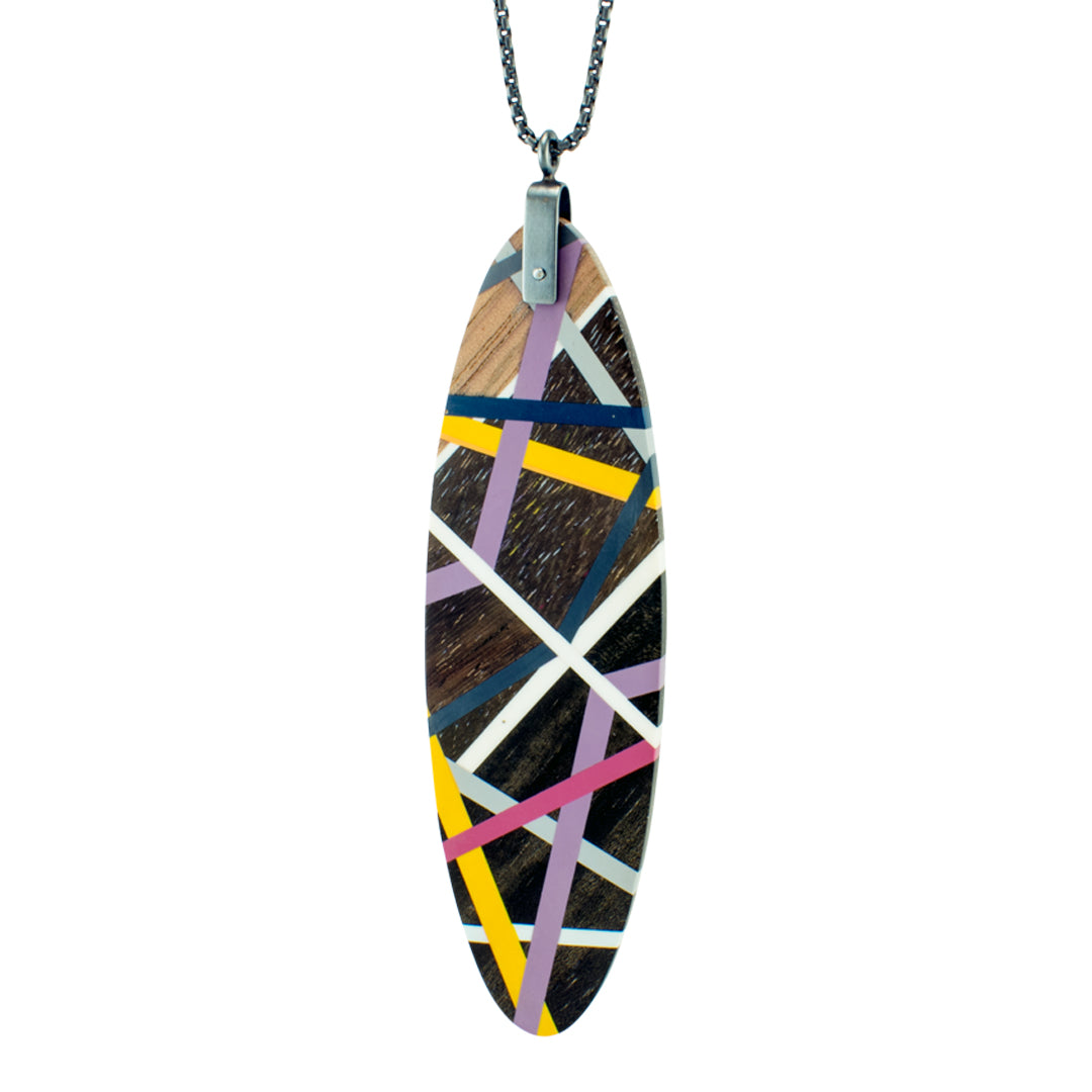 Wood Jewelry Long Modern Oval Statement Necklace with Geometric Inlay Handmade by Laura Jaklitsch