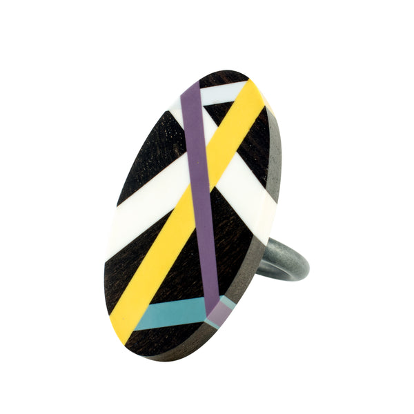 Black Jewelry Wood Ring with Polyurethane Resin Inlay in Yellow Purple and Blue Handmade by Laura Jaklitsch Jewelry