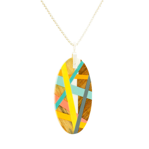 Oval Wood Necklace with Yellow, Blue, Pink, and Orange Resin Inlay and Sterling Silver Chain