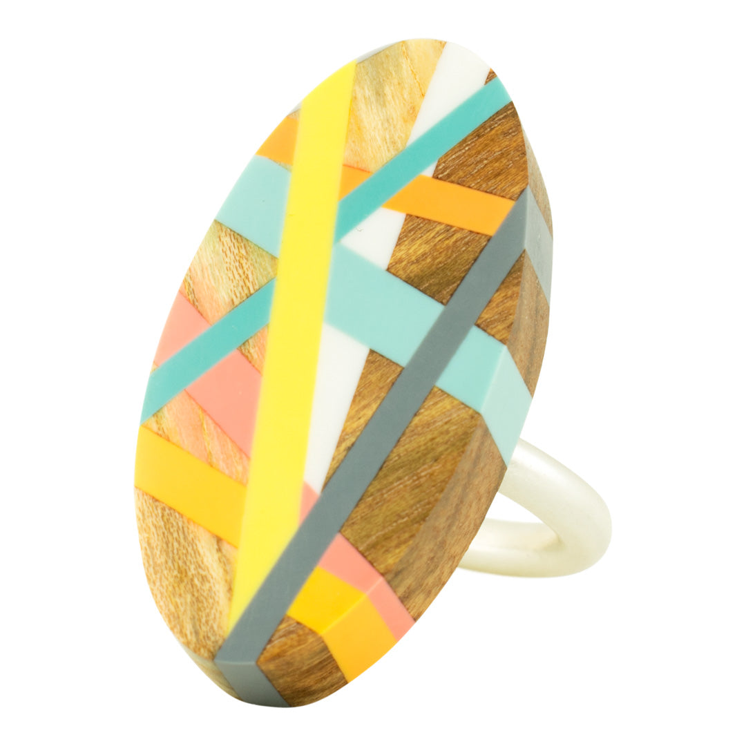 Oval Statment Cocktail Ring Handmade with Wood and Resin Inlay