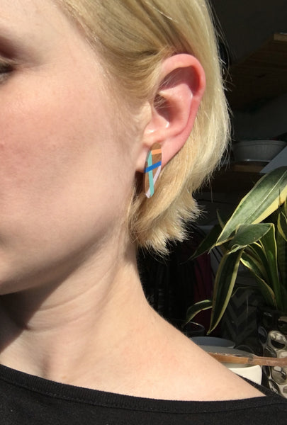 Teal Cobalt Lilac Wood Post Earrings
