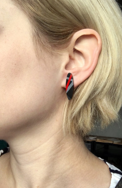Black + Red Ebony Wood Long Oval Post Earrings