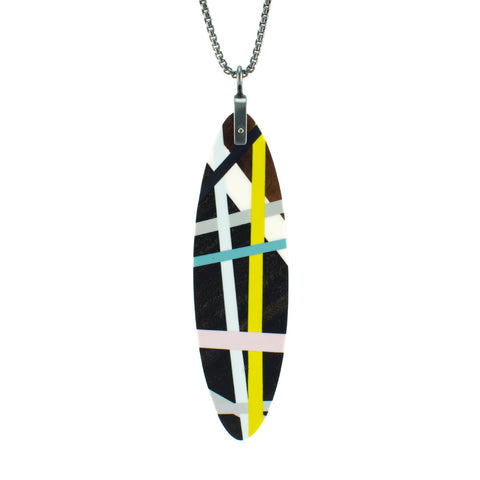Long Wood Oval Pendant Necklace with Resin Inlay 