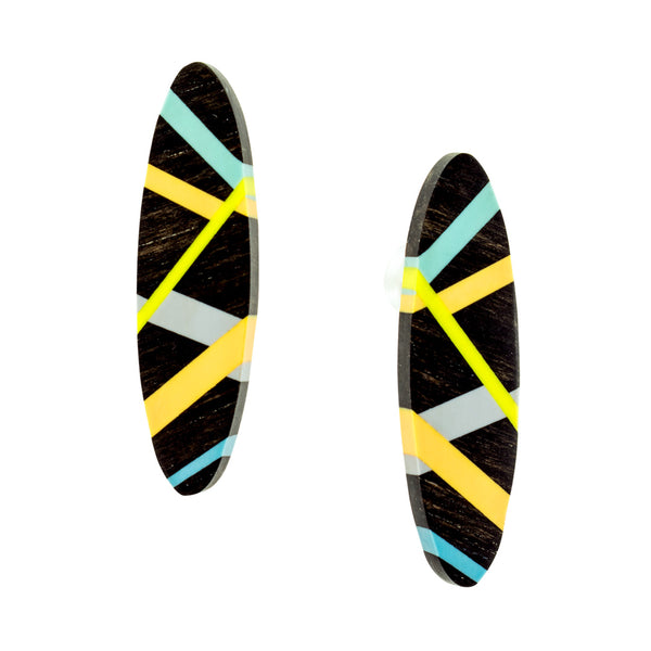 Black Earrings with Neon Aqua, Peach, Yellow and Grey