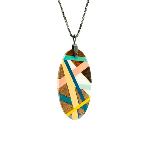 Teal Pink and Blue Wood Necklace