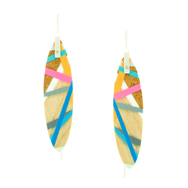Wood Jewelry Earrings with Coloful Resin Inlay in Pink, Blue, and Teal 