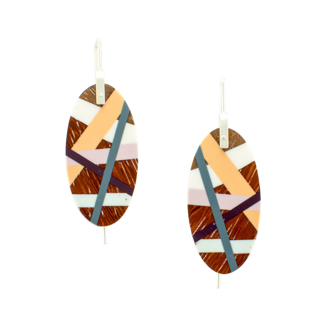 Wood Oval Earrings with Colorful Resin Inlay Handmade by Laura Jaklitsch Jewelry