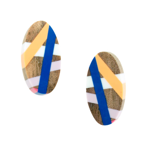 Blue Wood Stud Earrings with Inlay