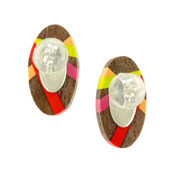 Wood Oval Earrings with Resin and Sterling Silver Backings by Laura Jaklitsch Jewelry 