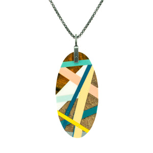 Teal Pink and Blue Wood Necklace