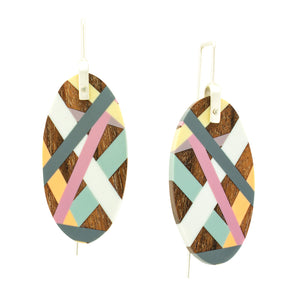 Wood and Resin Inlay Earrings in Pink, Grey, Yellow, Orange, and Light Blue Handmade by Laura Jaklitsch Jewelry