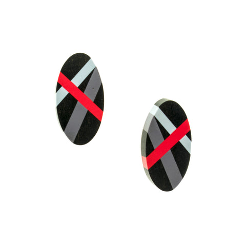 Ebony Post Earrings with Red and Grey Lines