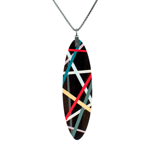 Long Statement Necklace Wood Jewelry with Resin Inlay