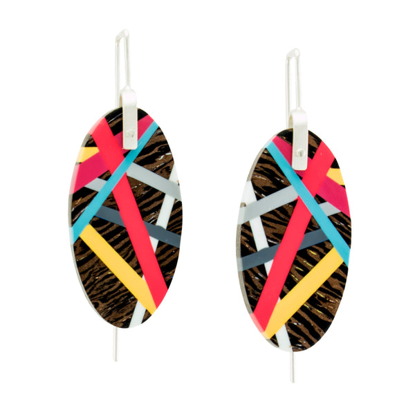 Red and Yellow Oval Wenge Wood Earrings with Sterling Silver Earwires