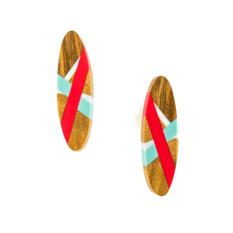 Oval Wood Stud Earrings with Resin Inlay in Red and Aqua