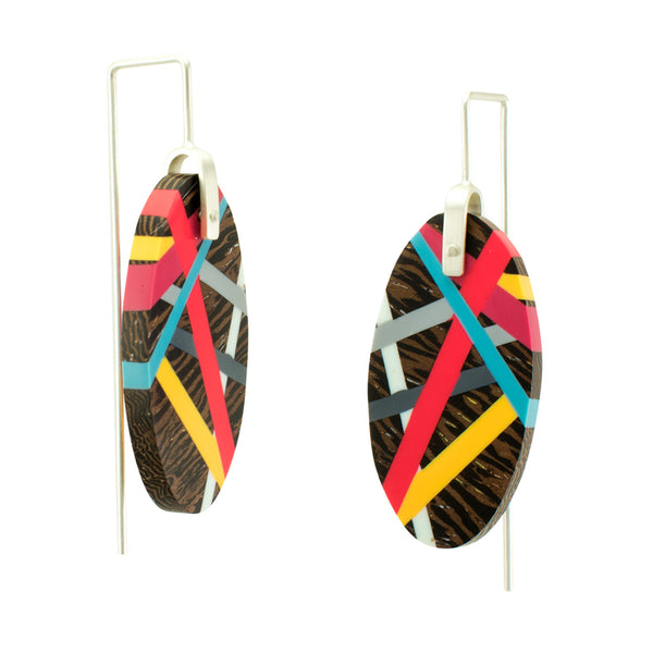 Side View of Red and Yellow Wenge Wood Earrings